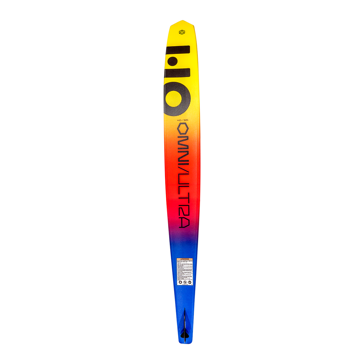 Base view of Omni Ultra Black waterski with a gradient yellow-to-red-blue design, bold text, and a logo near the tip.