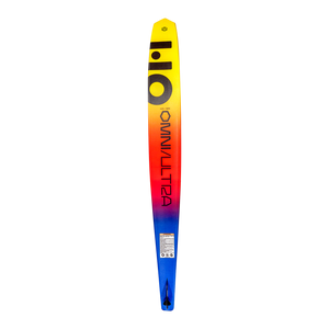 Base view of Omni Ultra Black waterski with a gradient yellow-to-red-blue design, bold text, and a logo near the tip.
