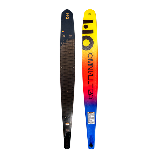 Top and base view of Omni Ultra Black waterski showing the yellow, red, and blue gradient base design and the dark top.