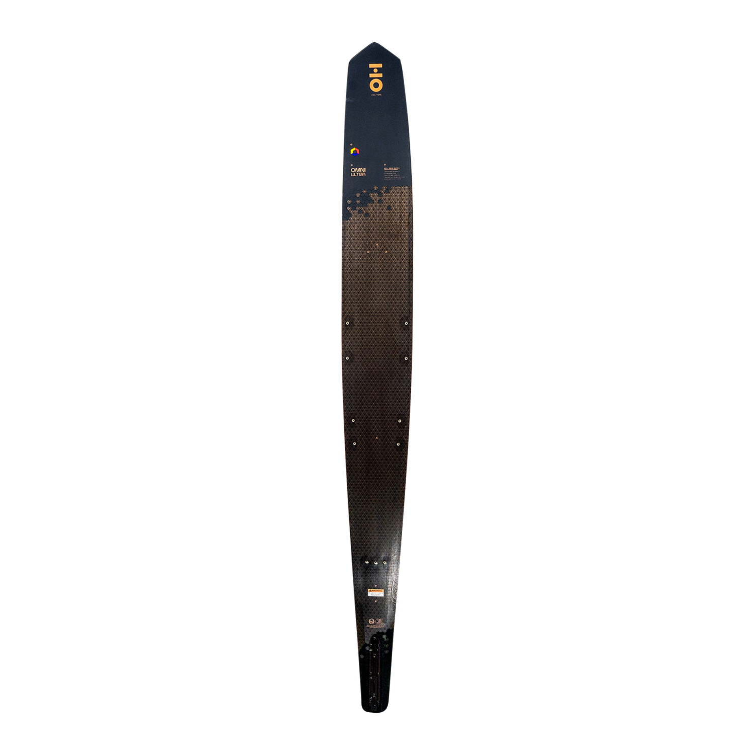 Top view of Omni Ultra Black waterski in black with a hexagonal pattern, mounting inserts, and a small logo near the tip.
