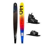 Side-by-side view of Omni Ultra Black waterski with yellow, red, to blue gradient, Stance 130 Front boot and ARTP.