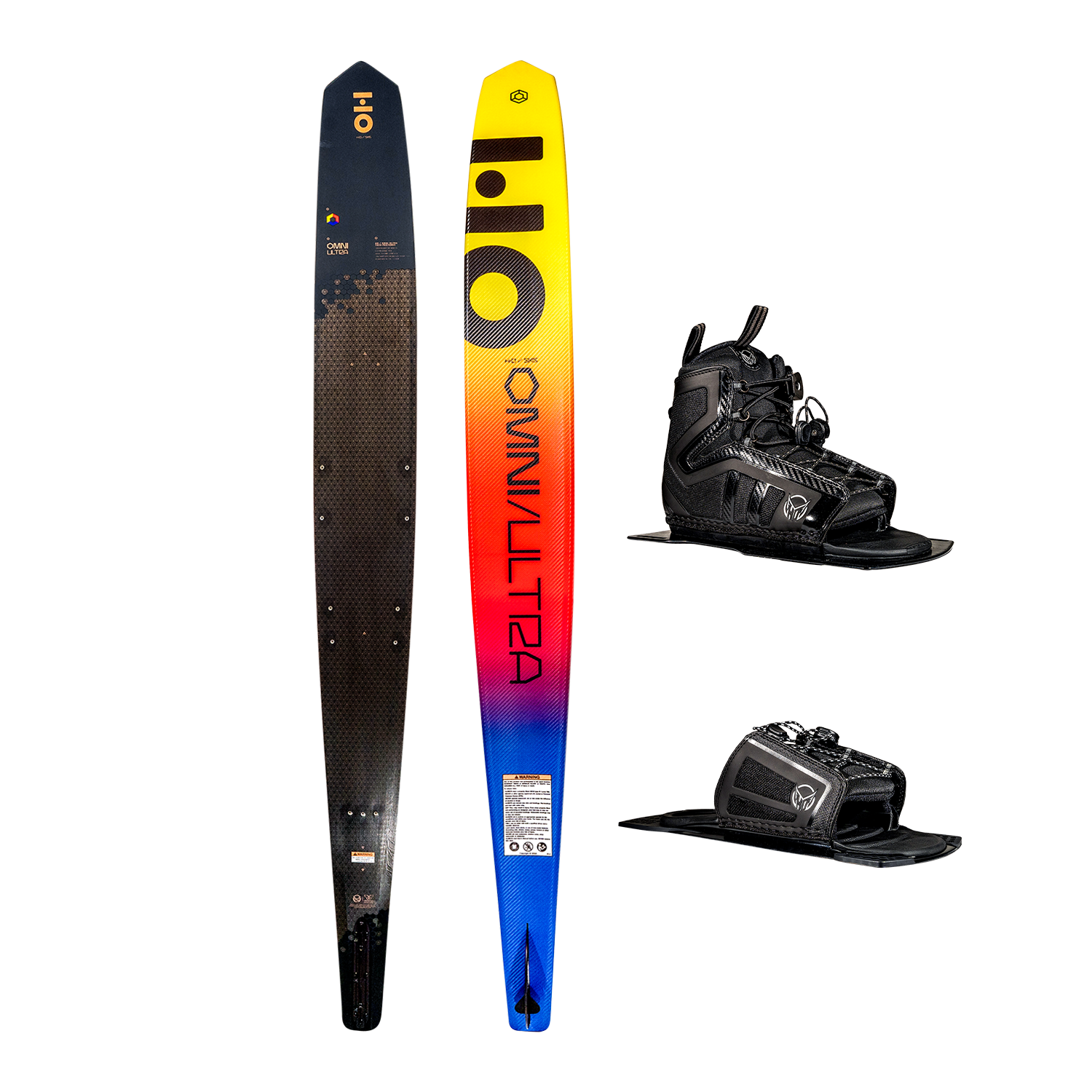 Side-by-side view of Omni Ultra Black waterski with yellow, red, to blue gradient, Stance 130 Front boot and ARTP.