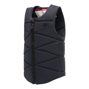 Angled view of Syndicate Zero Vest in black with front zipper and quilted padding.