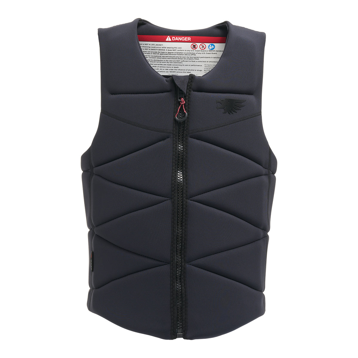 Front view of Syndicate Zero Vest in black with center zipper and diamond quilted panels.