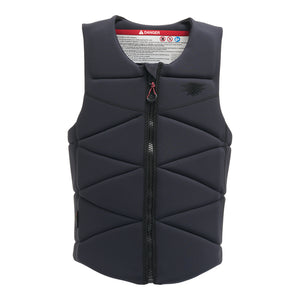 Front view of Syndicate Zero Vest in black with center zipper and diamond quilted panels.
