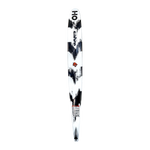 Base view of the white Sabre ski with black brushstroke patterns and brand logos near the tip and tail.