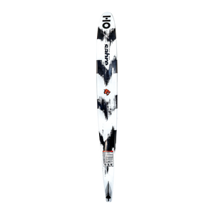 Base view of the white Sabre ski with black brushstroke patterns and brand logos near the tip and tail.