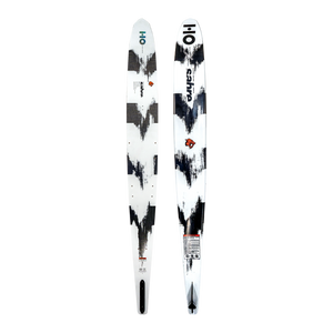 Side-by-side top and base views of the Sabre ski, displaying its white and black abstract design.