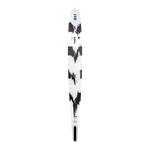 Top view of the white Sabre ski with black abstract graphics and logo detailing along the surface.