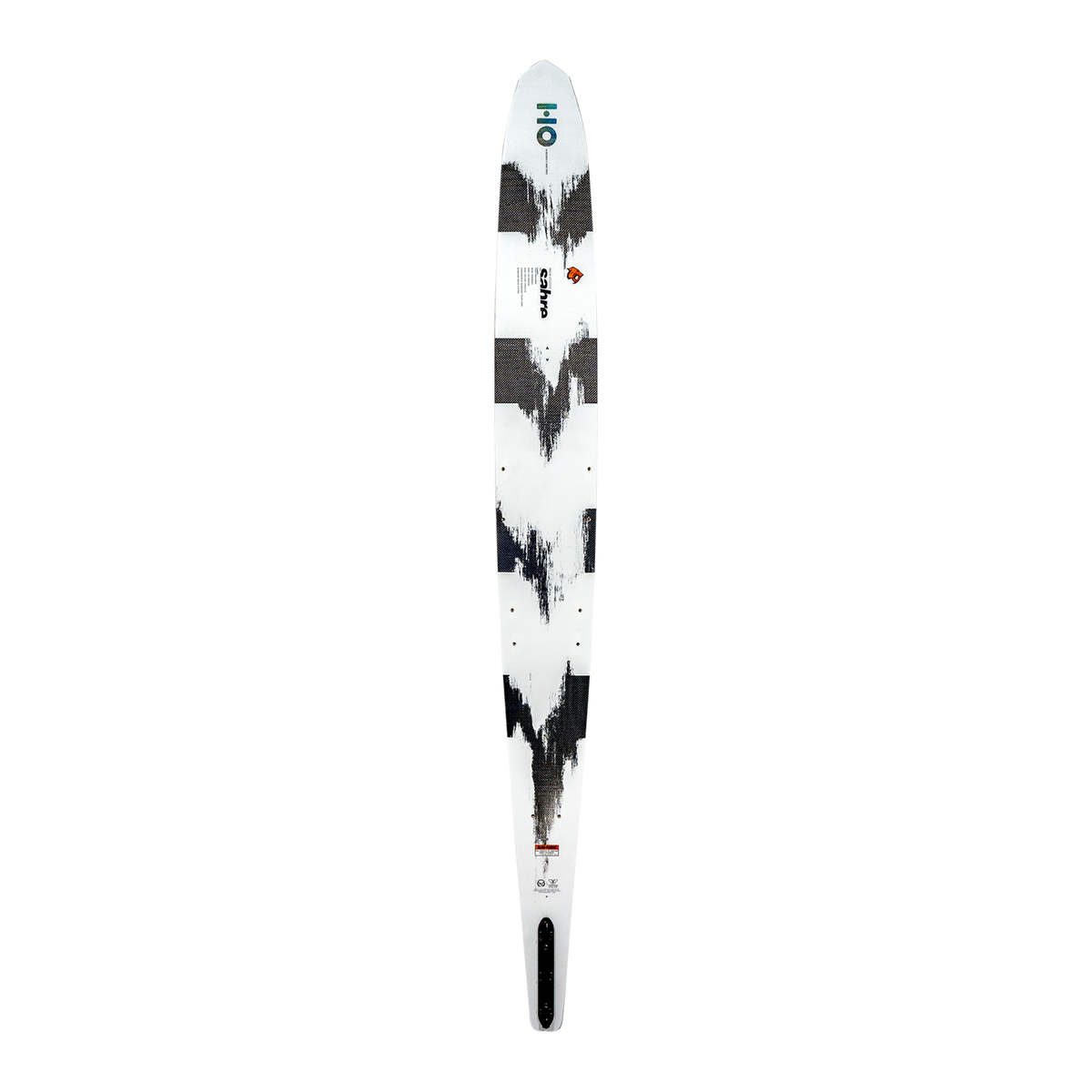 Top view of the white Sabre ski with black abstract graphics and logo detailing along the surface.