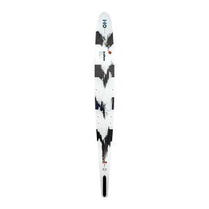 Top view of the white Sabre ski with black abstract graphics and logo detailing along the surface.