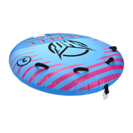 Angled view of the blue and pink Sunset 2 towable tube, showing its soft shell, grab handles, and bold HO Sports logo.