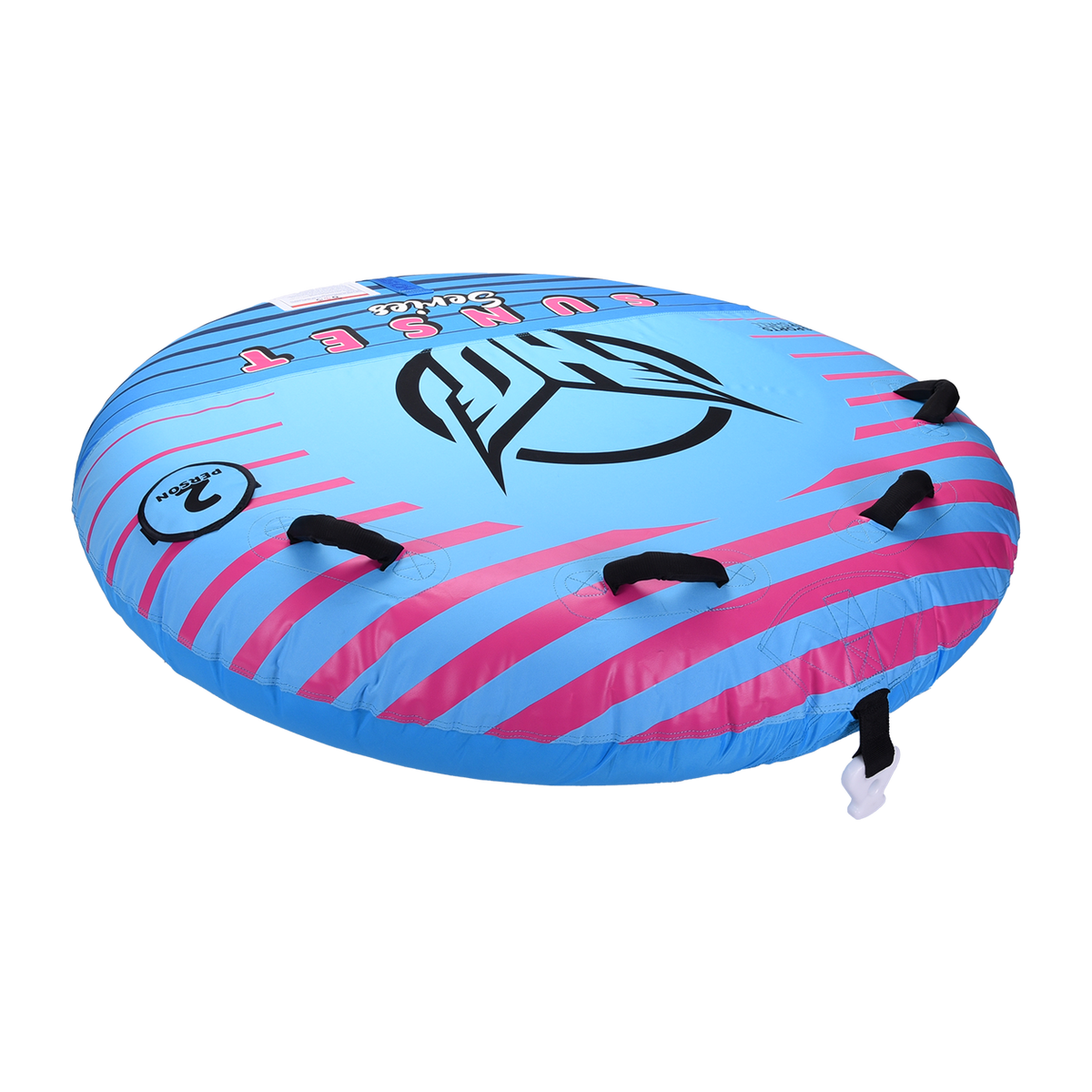 Angled view of the blue and pink Sunset 2 towable tube, showing its soft shell, grab handles, and bold HO Sports logo.
