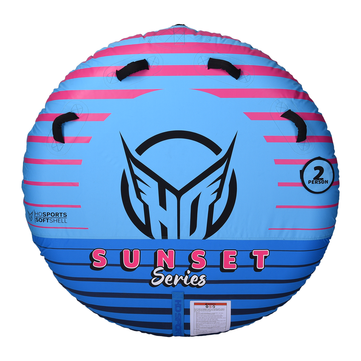 Top view of the round Sunset 2 towable tube, with a vibrant blue and pink gradient design, grab handles, and seating for two.