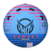Top view of the round Sunset 2 towable tube, with a vibrant blue and pink gradient design, grab handles, and seating for two.