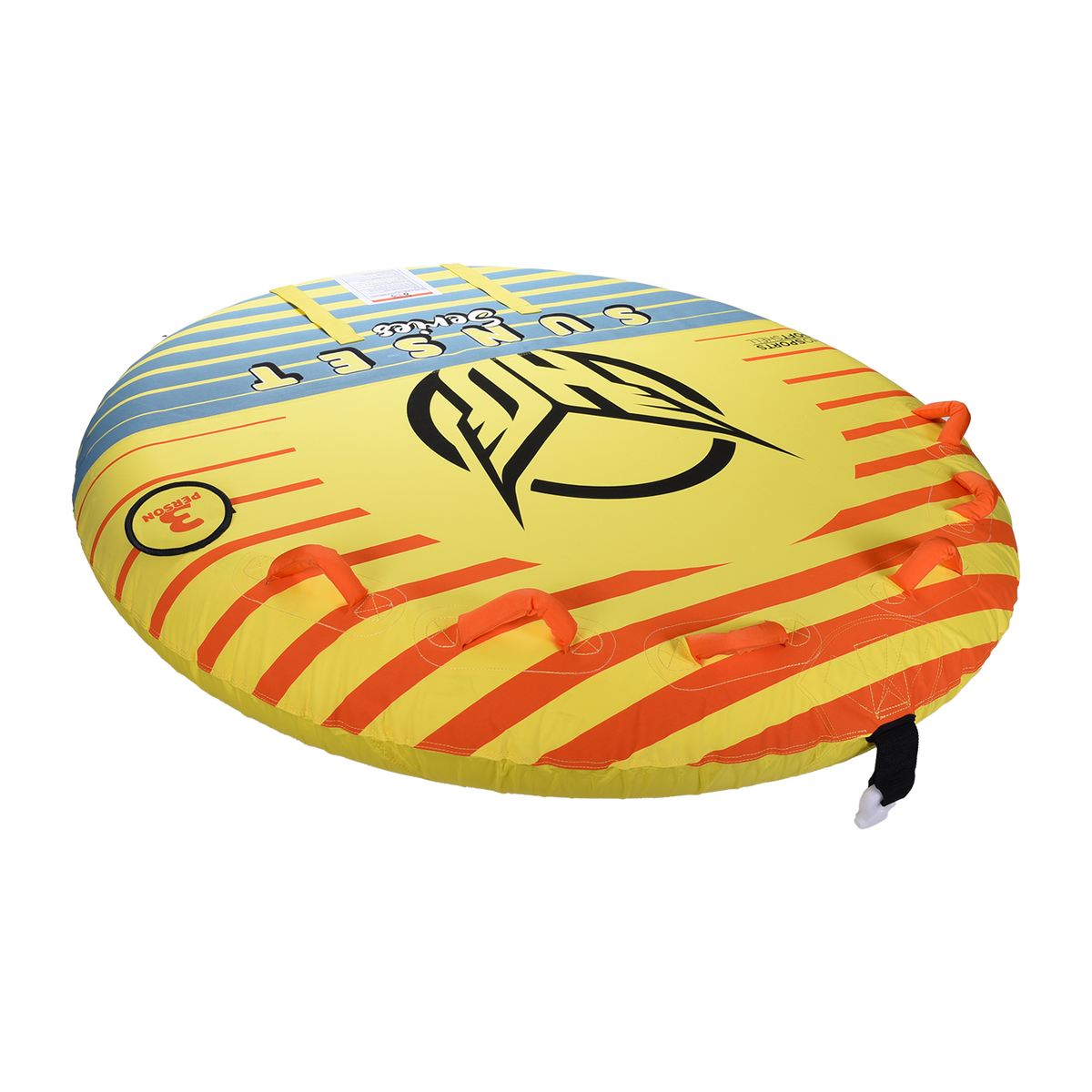 Angled view of the yellow Sunset 3 towable tube, featuring red handles, bold graphics, and a three-rider design.