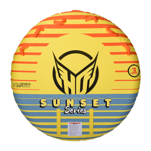 Top view of the yellow Sunset 3 towable tube, showing red handles, blue and red stripes, and a large HO Sports logo.