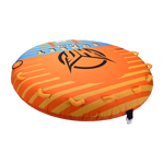 Angled view of Sunset 4, an orange towable tube with yellow gradient stripes, black logo, and multiple grab handles.