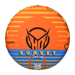 Top view of Sunset 4, a round orange towable tube with yellow gradient stripes, black logo, and "Sunset Series" text.