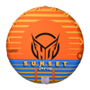 Top view of Sunset 4, a round orange towable tube with yellow gradient stripes, black logo, and 