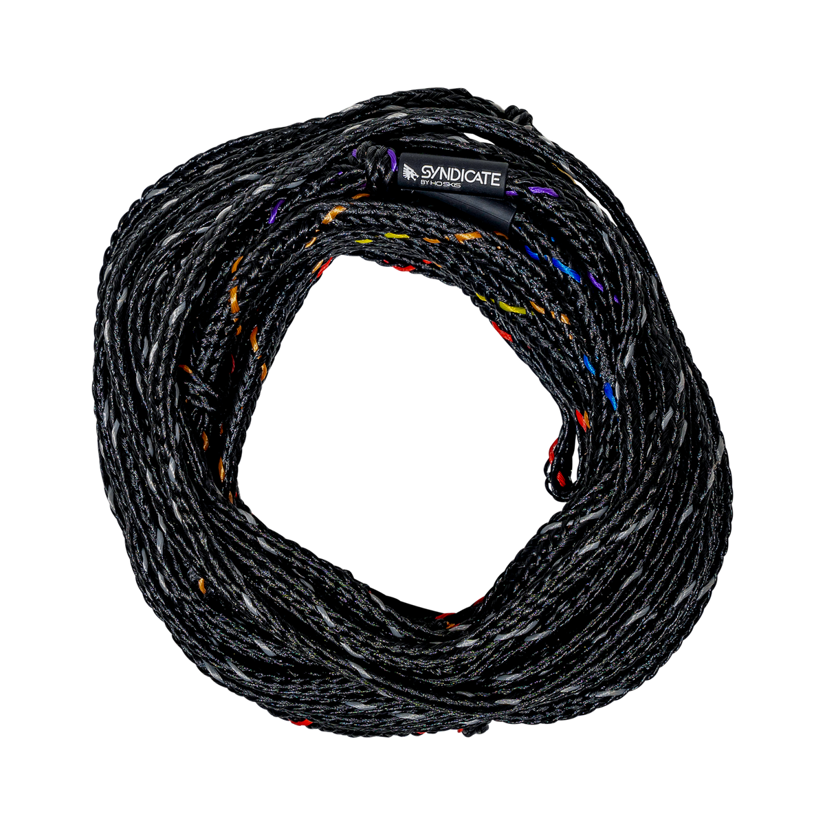 Top view of the Syndicate Powerline rope, coiled black mainline with colored markings and a branded label near the loop.