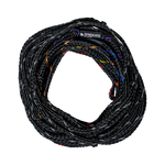 Top view of the Syndicate Powerline rope, coiled black mainline with colored markings and a branded label near the loop.