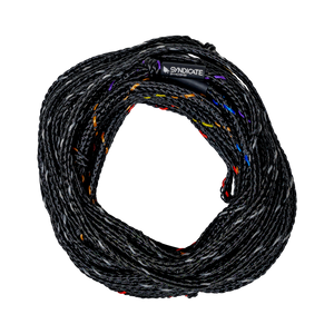 Top view of the Syndicate Powerline rope, coiled black mainline with colored markings and a branded label near the loop.