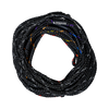 Top view of the Syndicate Powerline rope, coiled black mainline with colored markings and a branded label near the loop.