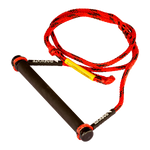 Angled view of a Syndicate Redline waterski handle with a black grip and red rope featuring black accents.