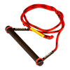 Angled view of a Syndicate Redline waterski handle with a black grip and red rope featuring black accents.