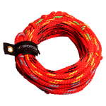 Coiled red waterski rope with black, yellow, and green accents, secured with a black HO Sports strap.
