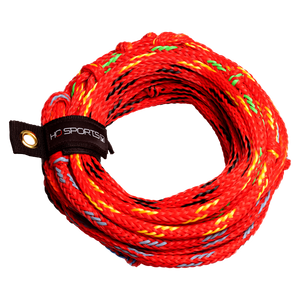 Coiled red waterski rope with black, yellow, and green accents, secured with a black HO Sports strap.