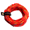 Coiled red waterski rope with black, yellow, and green accents, secured with a black HO Sports strap.