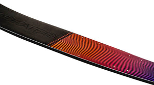 Close-up of a water ski with a black, red  and purple design on a white background.