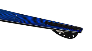 Closeup of the tail of a blue and black striped water-ski with 'Syndicate' branding on a white background.