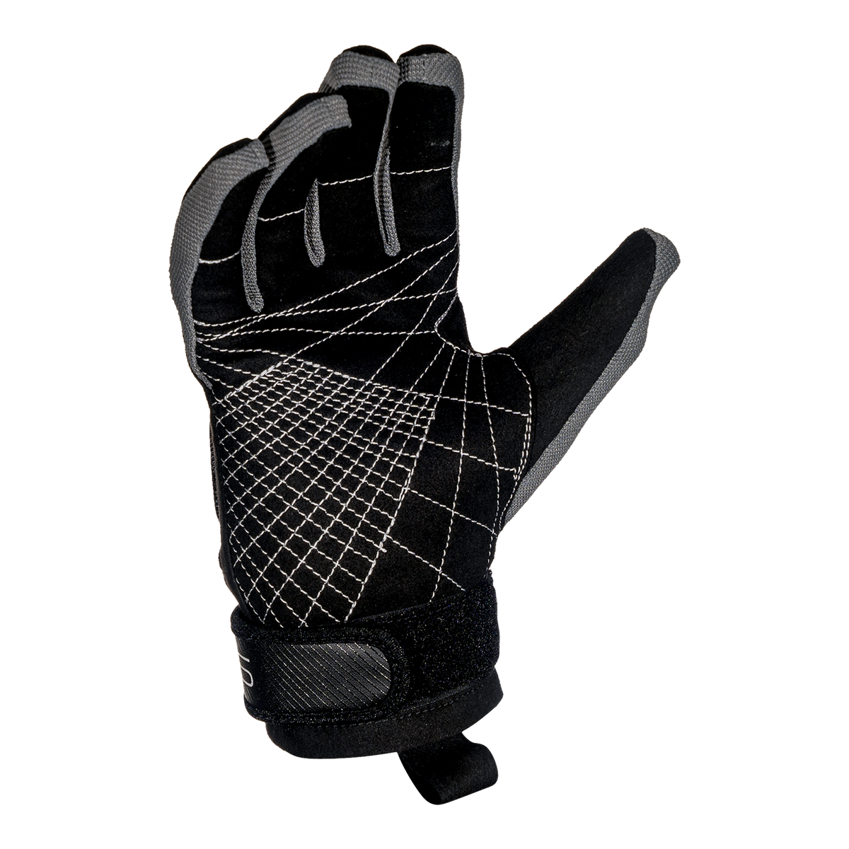 Angled palm view of Pro Grip Glove showing pre-curved fingers and reinforced stitching for grip.