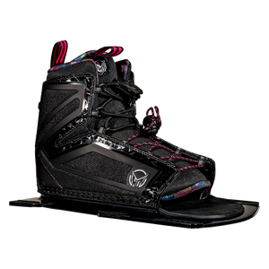 Three-quarter view of the Women's Stance 110 Front binding in black with pink laces, an open-toe design and supportive frame.
