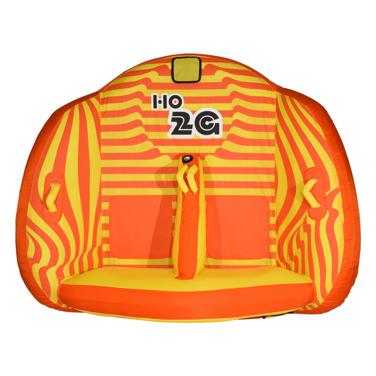 Front view of 2G Tube in orange and yellow with striped pattern and padded seating.