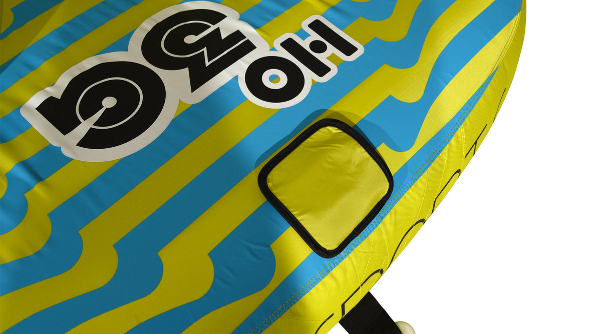 Close-up of the HO 3G logo beside a padded panel on the blue and yellow striped fabric.