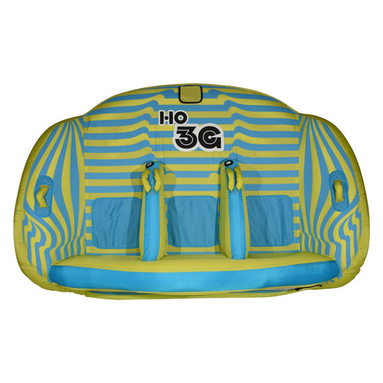 Top view of the 3G Tube, a blue and yellow wavy-striped towable with two padded backrests and side handles.