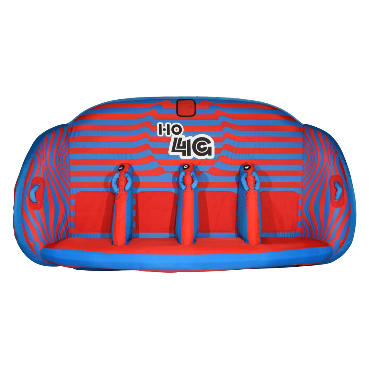 Top view of the 4G Tube, red and blue striped towable with three foam backrests, handles and HO 4G logo.