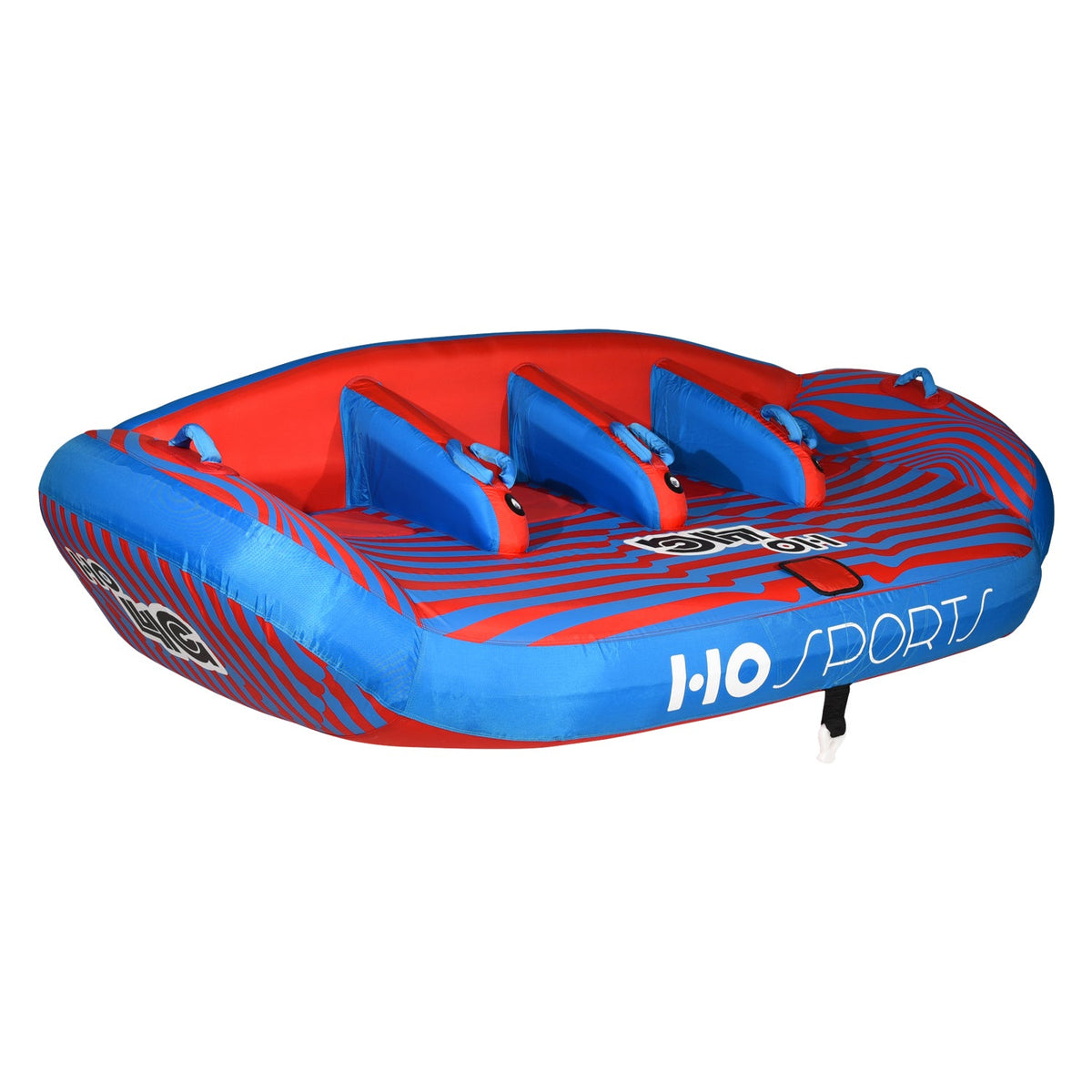 Angled view of the 4G Tube, red and blue towable with three seats, handles and HO Sports logo.