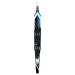 Front view of single Excel Combo water ski in blue, white, and black with bindings.