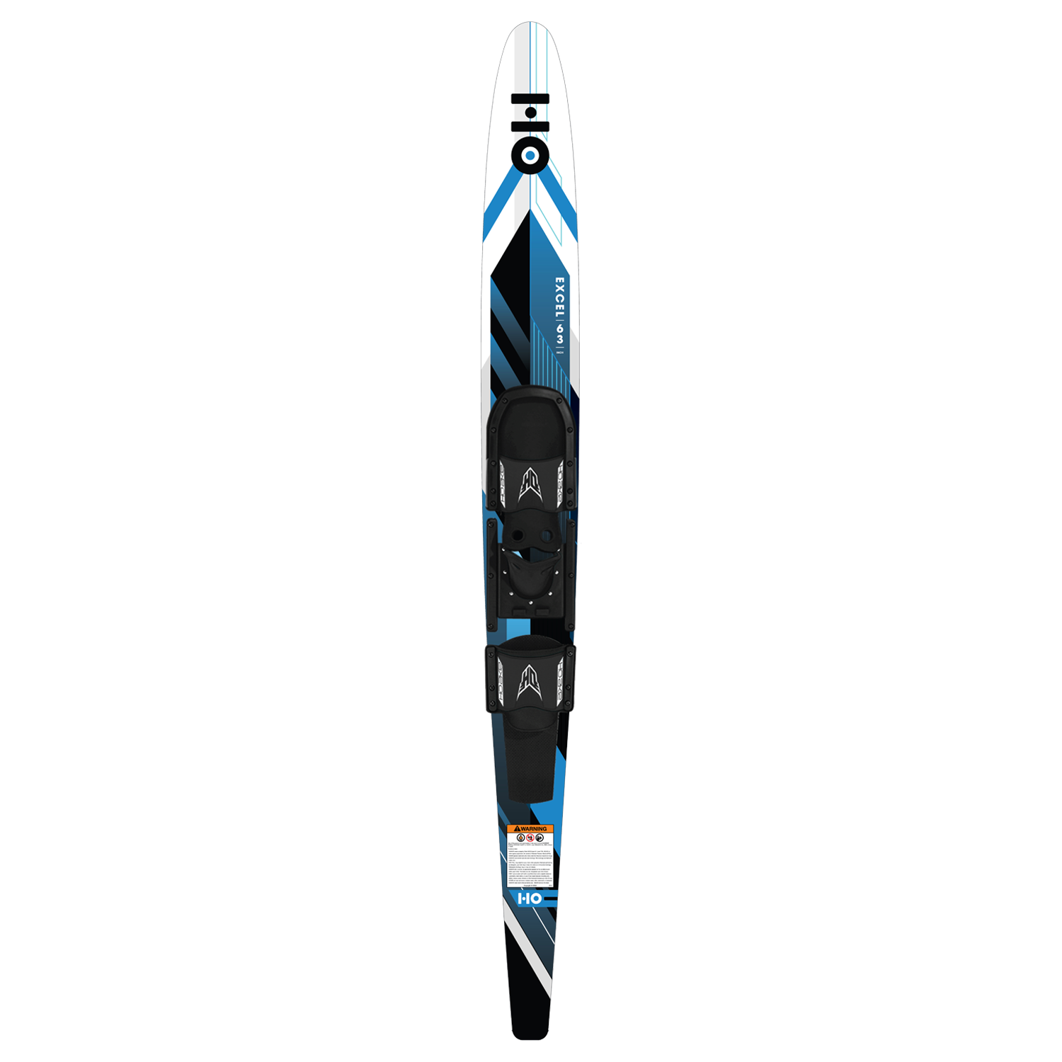 Front view of single Excel Combo water ski in blue, white, and black with bindings.