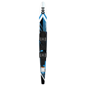Front view of single Excel Combo water ski in blue, white, and black with bindings.