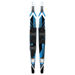 Front view of Excel Combos water skis in blue, white, and black with adjustable bindings.