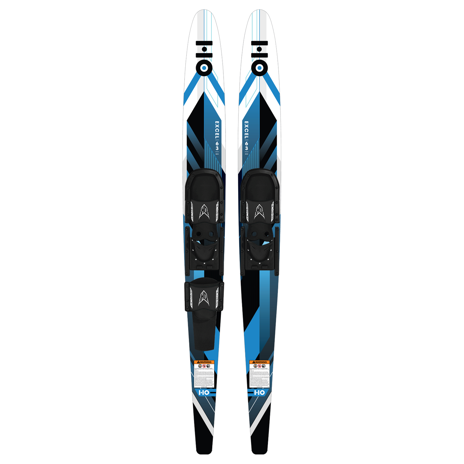 Front view of Excel Combos water skis in blue, white, and black with adjustable bindings.