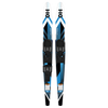 Front view of Excel Combos water skis in blue, white, and black with adjustable bindings.
