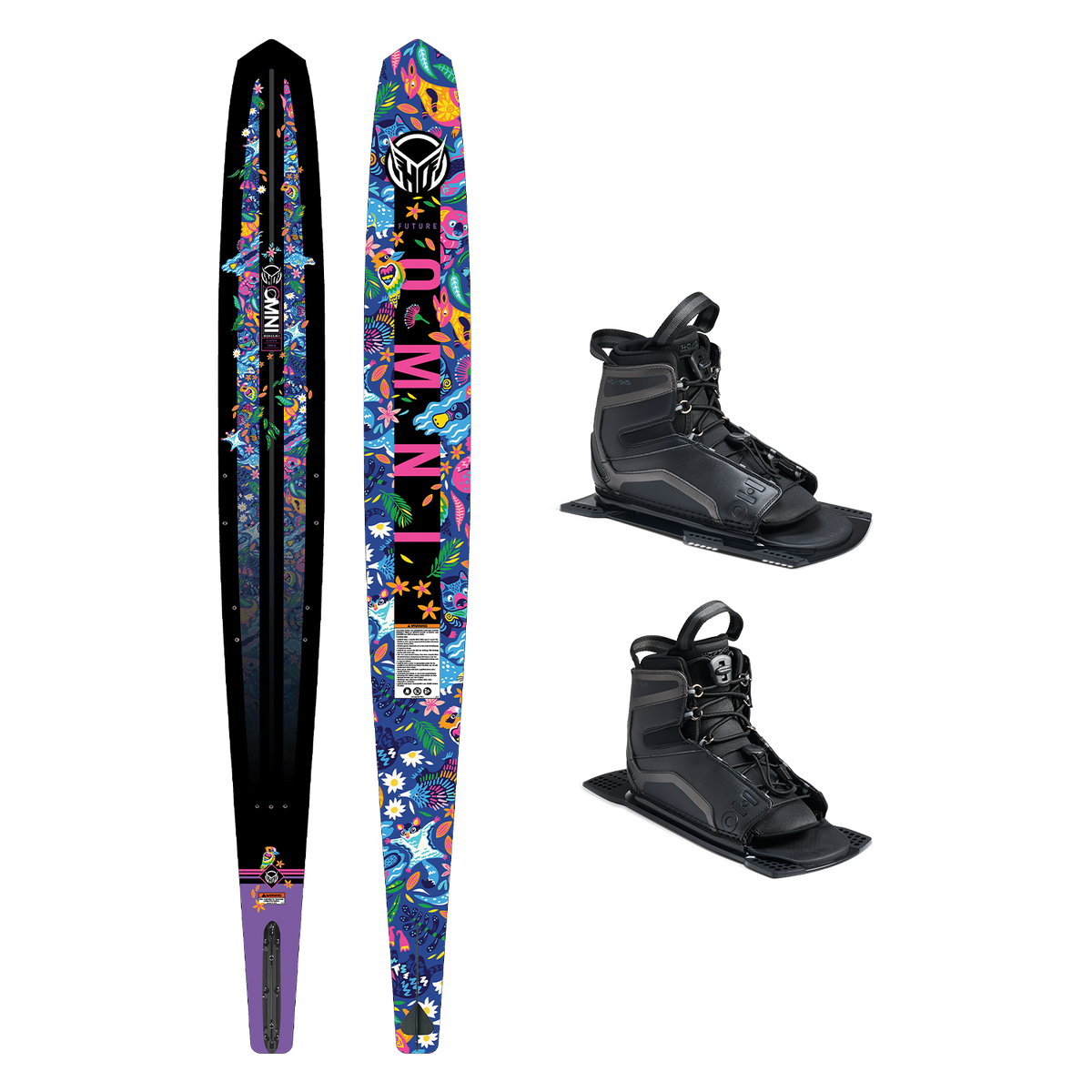 Top and base view of Future Omni Jungle ski with colorful tropical design, shown with two UltraLite boots.