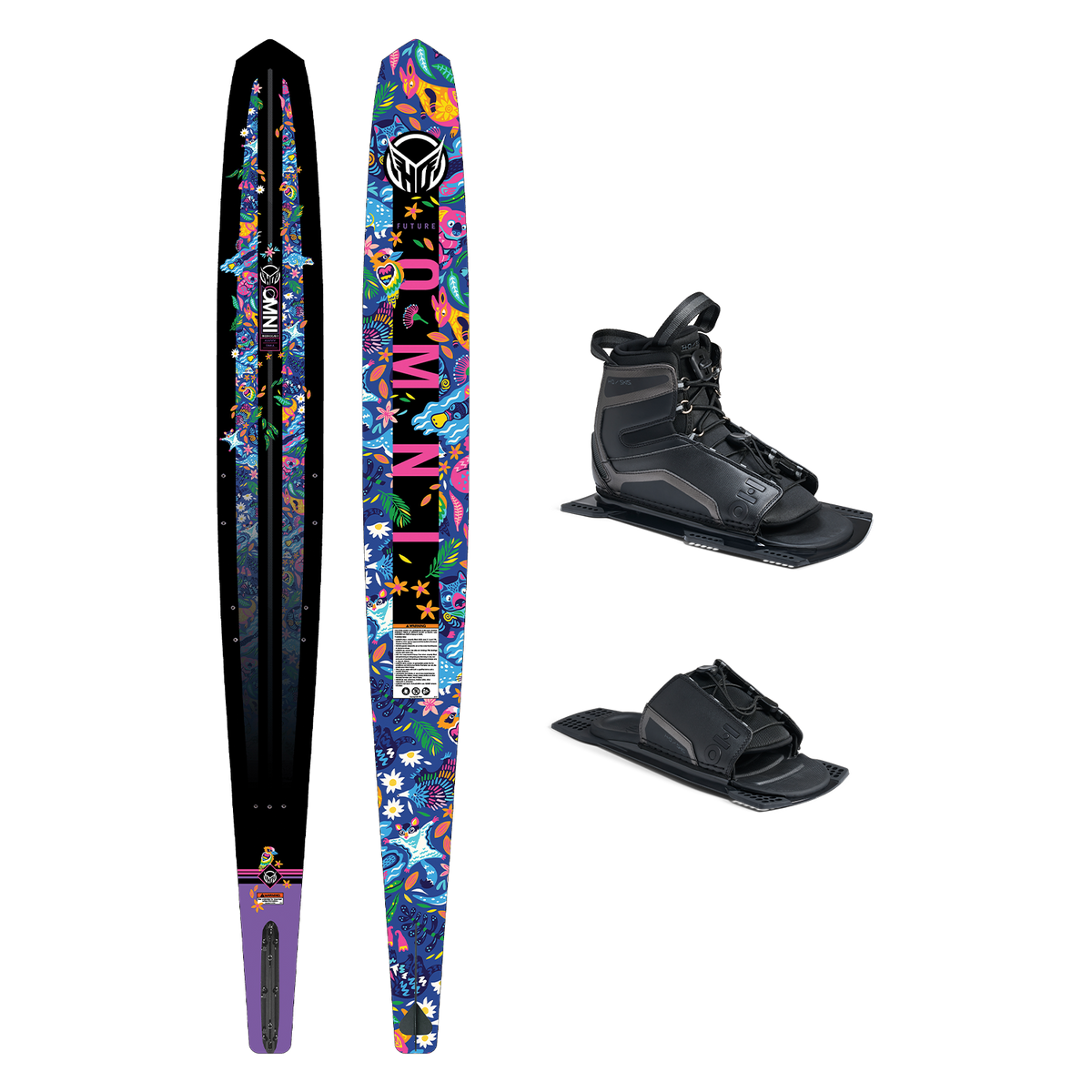 Top and base view of Future Omni Jungle ski with colorful tropical design, shown with UltraLite boot and toe plate.